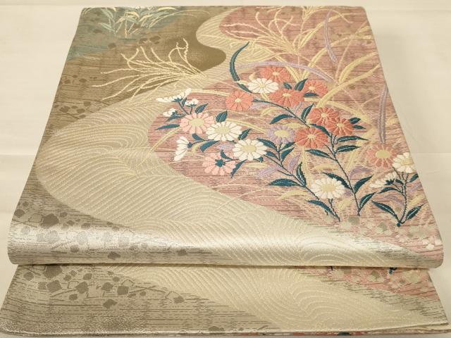 平和屋着物◎六通柄袋帯 唐織 流水花文 金糸 正絹 逸品 AABC8400dt
