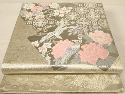 平和屋着物◎六通柄袋帯 唐織 花鳥文 銀糸 正絹 逸品 AABC8404dt