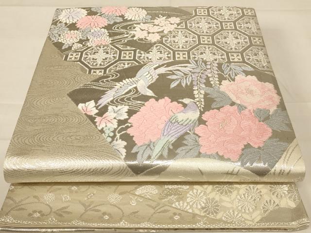 平和屋着物◎六通柄袋帯 唐織 花鳥文 銀糸 正絹 逸品 AABC8404dt