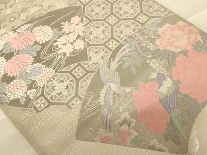 平和屋着物◎六通柄袋帯 唐織 花鳥文 銀糸 正絹 逸品 AABC8404dt