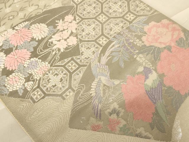 平和屋着物◎六通柄袋帯 唐織 花鳥文 銀糸 正絹 逸品 AABC8404dt