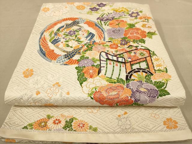 平和屋着物◎六通柄袋帯 唐織 鳳凰花文 銀糸 正絹 逸品 AABC8425dt