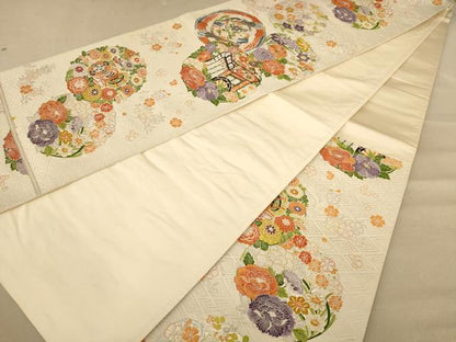平和屋着物◎六通柄袋帯 唐織 鳳凰花文 銀糸 正絹 逸品 AABC8425dt