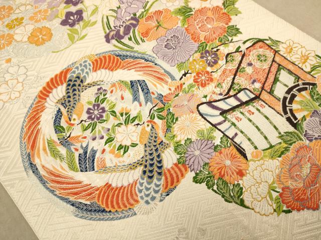 平和屋着物◎六通柄袋帯 唐織 鳳凰花文 銀糸 正絹 逸品 AABC8425dt