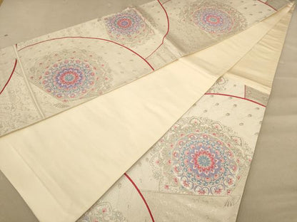平和屋着物◎六通柄袋帯 唐織 正倉院孔雀羽文 銀糸 正絹 逸品 AABC8429dt