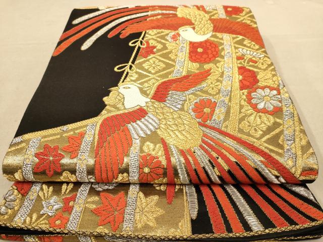 平和屋着物◎六通柄袋帯 唐織 鳳凰花文 黒地 金銀糸 正絹 逸品 AABC8443dt