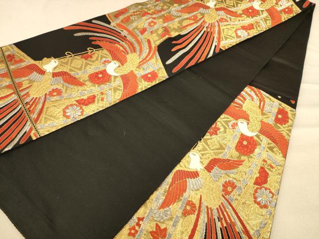 平和屋着物◎六通柄袋帯 唐織 鳳凰花文 黒地 金銀糸 正絹 逸品 AABC8443dt