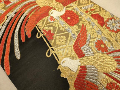 平和屋着物◎六通柄袋帯 唐織 鳳凰花文 黒地 金銀糸 正絹 逸品 AABC8443dt