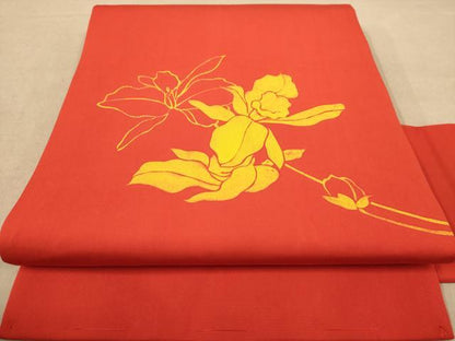 平和屋着物◎塩瀬　九寸名古屋帯　草花文　正絹　逸品　AABC8444dt