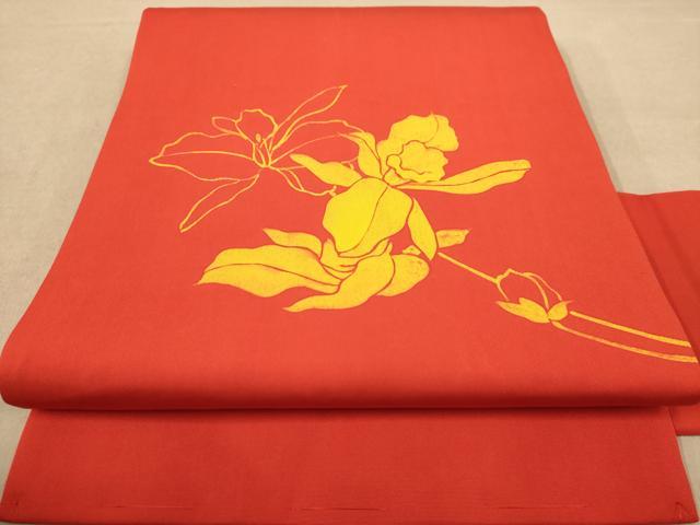 平和屋着物◎塩瀬　九寸名古屋帯　草花文　正絹　逸品　AABC8444dt