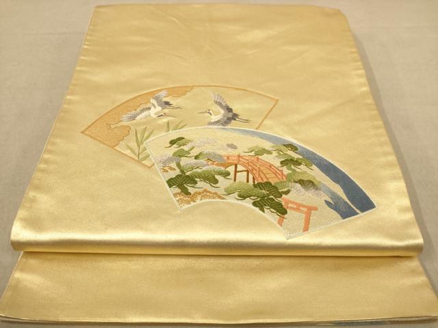 平和屋着物◎太鼓柄袋帯 刺繍 地紙飛鶴文 金糸 正絹 逸品 AABC8468dt