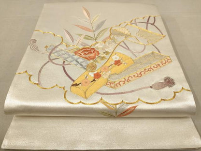 平和屋着物◎太鼓柄袋帯　駒刺繍　総相良刺繍　花絵巻　金銀糸　正絹　逸品　AABC8473dt