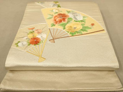 平和屋着物◎太鼓柄袋帯　総刺繍　扇面花文　銀糸　正絹　逸品　AABC8474dt