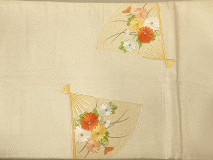 平和屋着物◎太鼓柄袋帯　総刺繍　扇面花文　銀糸　正絹　逸品　AABC8474dt