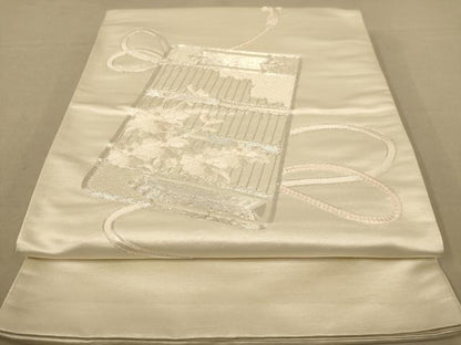 平和屋着物◎太鼓柄袋帯　駒刺繍　器物花文　銀糸　正絹　逸品　AABC8476dt