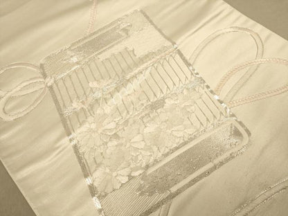 平和屋着物◎太鼓柄袋帯　駒刺繍　器物花文　銀糸　正絹　逸品　AABC8476dt