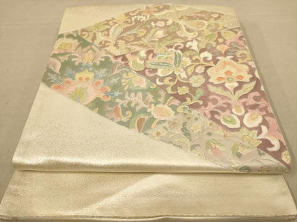 平和屋着物◎太鼓柄袋帯　駒刺繍　更紗花文　銀糸　正絹　逸品　AABC8479dt