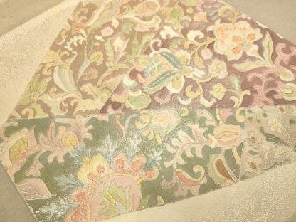 平和屋着物◎太鼓柄袋帯　駒刺繍　更紗花文　銀糸　正絹　逸品　AABC8479dt