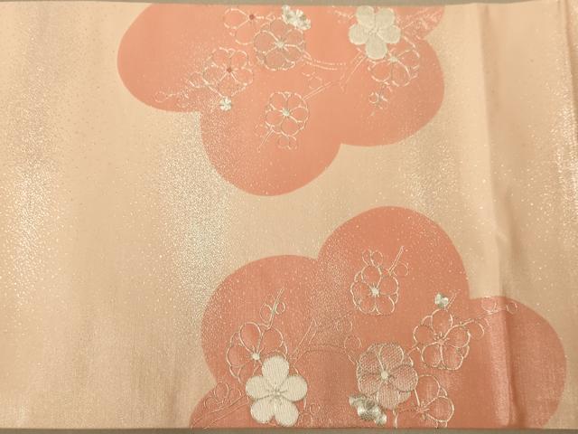 平和屋着物◎太鼓柄袋帯　駒刺繍　枝梅文　銀糸　正絹　逸品　AABC8488dt