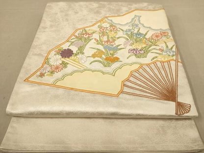 平和屋着物◎太鼓柄袋帯　相良刺繍　扇面花文　正絹　逸品　AABC8490dt