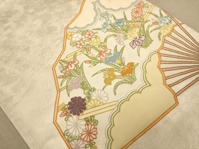 平和屋着物◎太鼓柄袋帯　相良刺繍　扇面花文　正絹　逸品　AABC8490dt