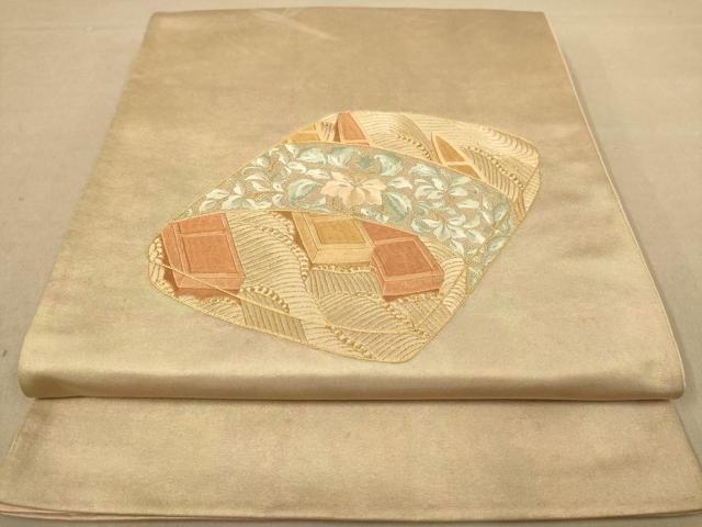 平和屋着物◎太鼓柄袋帯　駒刺繍　相良刺繍　花文箱文　正絹　逸品　AABC8496dt