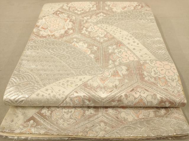 平和屋着物◎六通柄袋帯　吉祥花文　銀糸　正絹　逸品　AABC8505dt