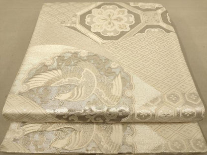 平和屋着物◎佐賀錦　六通柄袋帯　唐織　花鳥文　銀糸　正絹　逸品　AABC8506dt
