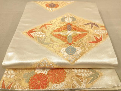 平和屋着物◎六通柄袋帯　唐織　双鶴花文　金銀糸　正絹　逸品　AABC8509dt
