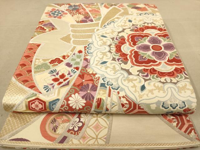 平和屋着物◎六通柄袋帯 唐織 束ね熨斗花文 金銀糸 正絹 逸品 AABC8533dt