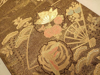 平和屋着物◎六通柄袋帯　雪輪花鳥文　金糸　正絹　逸品　AABC8542dt