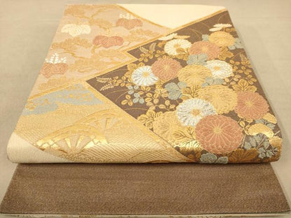 平和屋着物◎両面　太鼓柄袋帯　草花文　金銀糸　正絹　逸品　AABC8545dt
