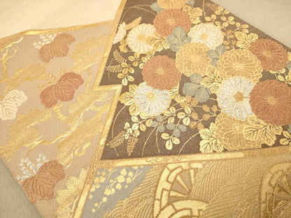 平和屋着物◎両面　太鼓柄袋帯　草花文　金銀糸　正絹　逸品　AABC8545dt