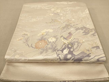 平和屋着物◎太鼓柄袋帯　駒刺繍　花鳥文　金銀糸　正絹　逸品　AABC8547dt