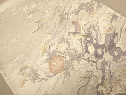 平和屋着物◎太鼓柄袋帯　駒刺繍　花鳥文　金銀糸　正絹　逸品　AABC8547dt