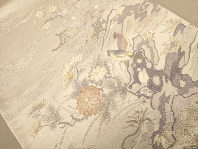 平和屋着物◎太鼓柄袋帯　駒刺繍　花鳥文　金銀糸　正絹　逸品　AABC8547dt