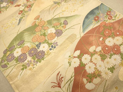 平和屋着物◎六通柄袋帯　唐織　草花風景文　金糸　正絹　逸品　AABC8554dt