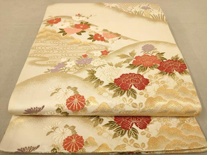 平和屋着物◎六通柄袋帯　唐織　遠山風景花文　金糸　正絹　逸品　AABC8556dt