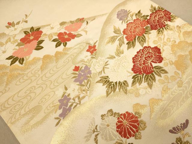 平和屋着物◎六通柄袋帯　唐織　遠山風景花文　金糸　正絹　逸品　AABC8556dt