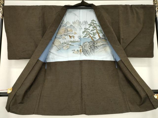 平和屋着物●男性　紬　アンサンブル　赤墨色　正絹　逸品　AABC8665ck