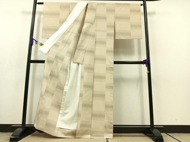 平和屋着物▽本塩沢　単衣　横段文　正絹　逸品　AABC8683jh