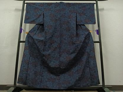 平和屋着物▽上質な紬　単衣　草葉文　正絹　逸品　AABC8685jh