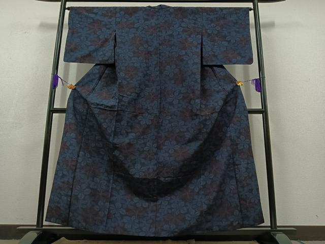 平和屋着物▽上質な紬　単衣　草葉文　正絹　逸品　AABC8685jh