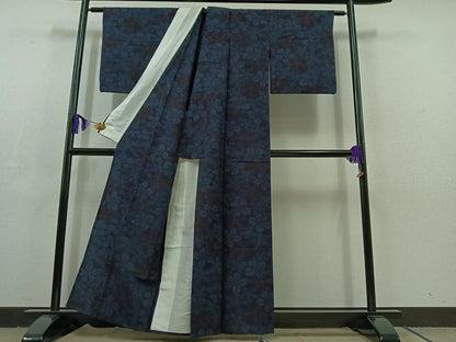 平和屋着物▽上質な紬　単衣　草葉文　正絹　逸品　AABC8685jh