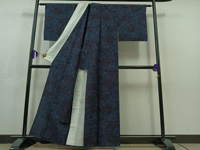 平和屋着物▽上質な紬　単衣　草葉文　正絹　逸品　AABC8685jh