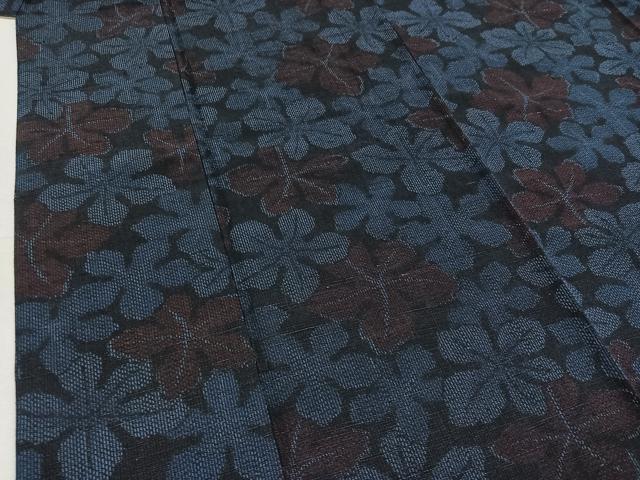 平和屋着物▽上質な紬　単衣　草葉文　正絹　逸品　AABC8685jh