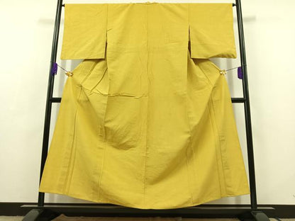 平和屋着物▽上質な紬　単衣　刈安色　正絹　逸品　AABC8689jh