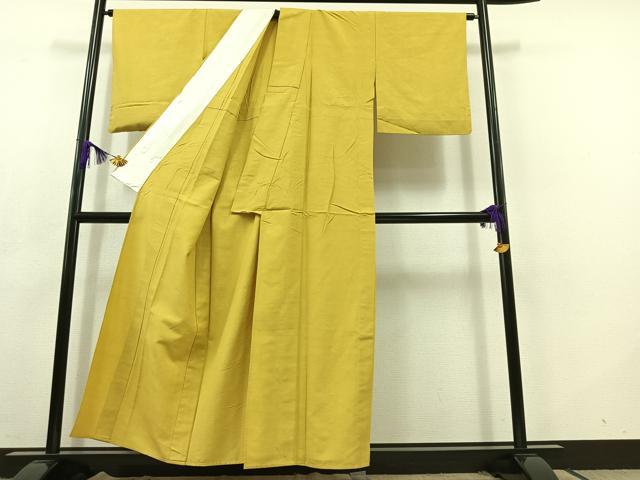 平和屋着物▽上質な紬　単衣　刈安色　正絹　逸品　AABC8689jh