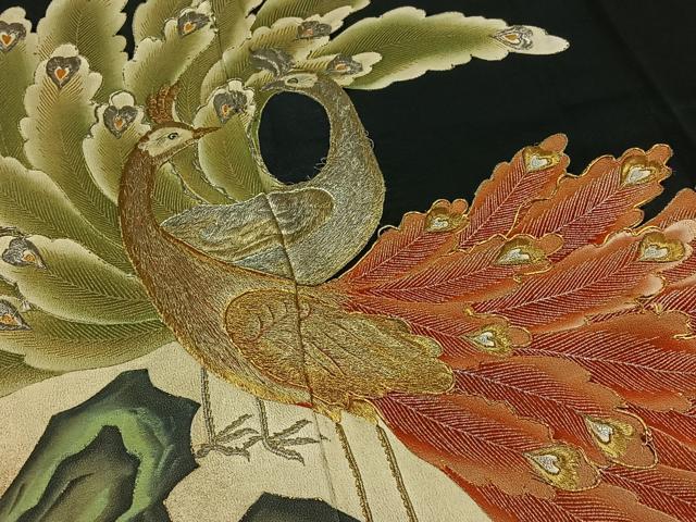 平和屋着物■豪華黒留袖　駒刺繍　孔雀文　金銀糸　正絹　逸品　AABC8700jh