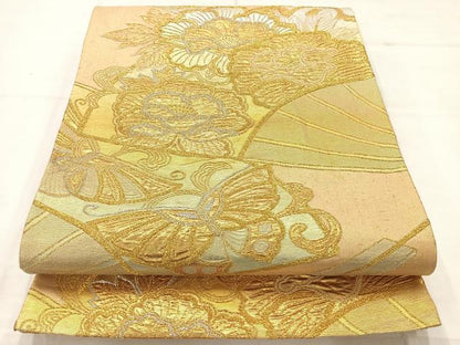 平和屋着物◎六通柄袋帯　扇面花蝶文　金銀糸　正絹　逸品　AABC8779uk